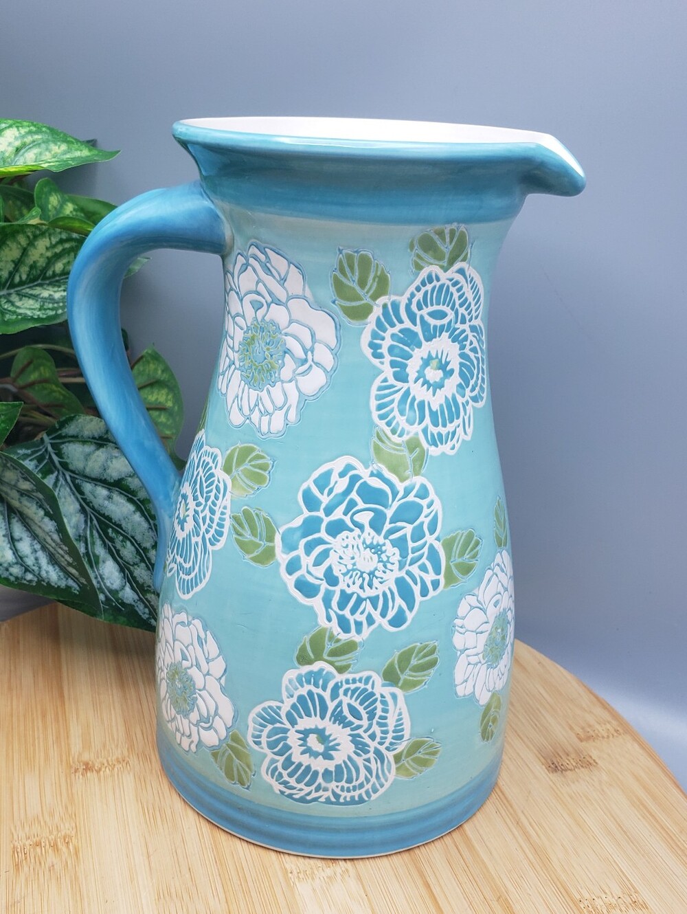 Dutch Wax Anthropology Blue White, Green Handpainted Floral Ceramic Pitcher/Vase